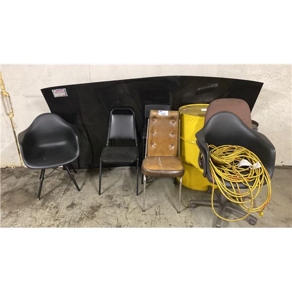 GROUP OF ASSORTED CHAIRS, EXTENSION CORD, METAL DRUMS & LARGE SHEET OF BLACK PLASTIC MATERIAL