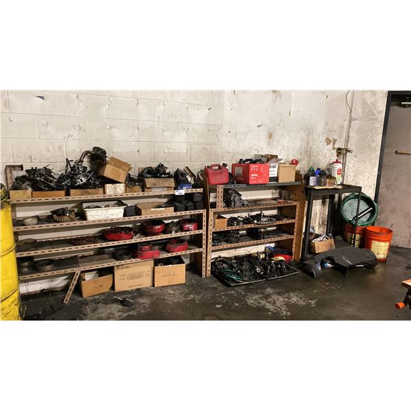 2 SHELVING UNITS OF ASSORTED GO KART PARTS