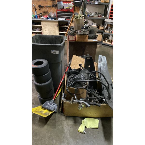 GROUP OF ASSORTED GO KART PARTS, DESK, GARBAGE BIN, TIRES & MORE