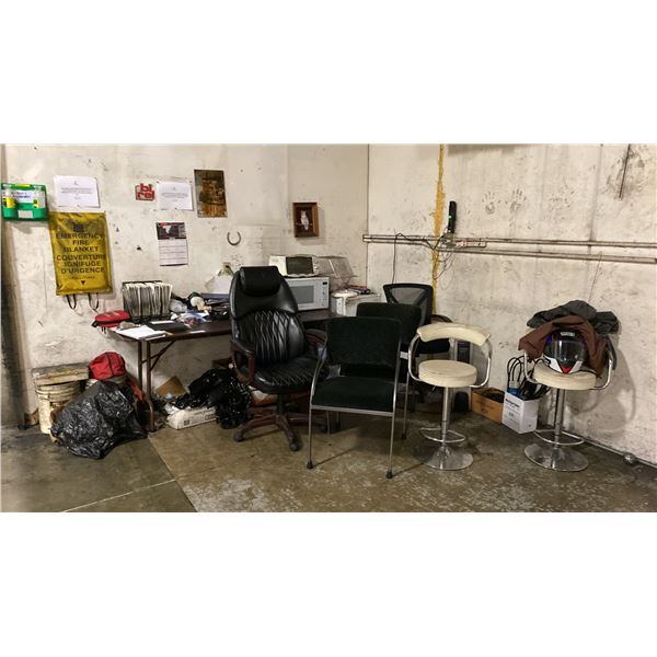 CONTENTS OF CORNER- MINI FRIDGE, OIL HEATER, CHAIRS, STOOLS, RACING HELMETS & MORE