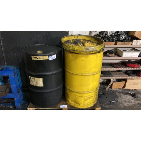2 LARGE BARRELS * ONE FULL, ONE HALF FULL- MAY CONTAIN OIL* & RED METAL OPEN TOP EMPTY BARREL