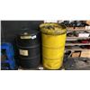 Image 1 : 2 LARGE BARRELS * ONE FULL, ONE HALF FULL- MAY CONTAIN OIL* & RED METAL OPEN TOP EMPTY BARREL