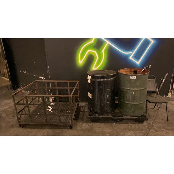 2 BARRELS WITH ASSORTED GO KART PARTS, METAL PALLET CRATE, 3 METAL BARRELS & 2 CHAIRS