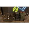 Image 1 : 2 BARRELS WITH ASSORTED GO KART PARTS, METAL PALLET CRATE, 3 METAL BARRELS & 2 CHAIRS
