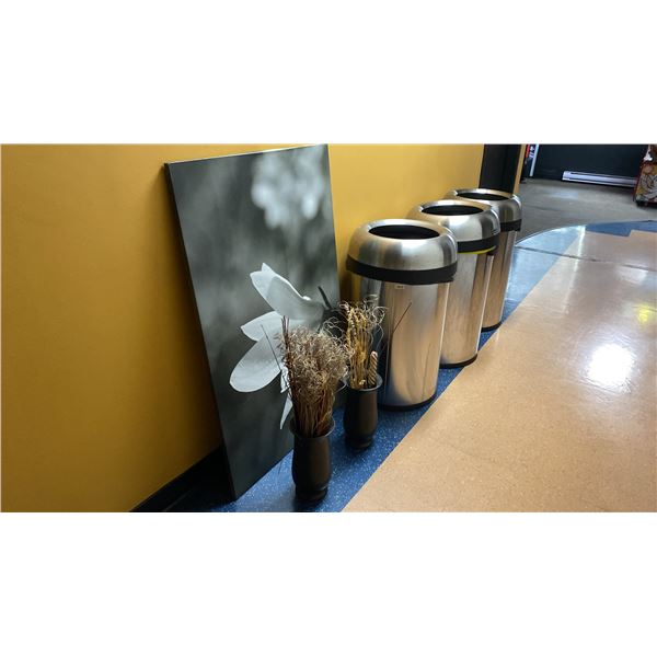 4 STAINLESS STEEL COMMERCIAL TRASH CANS & 2 DECORATIVE VASE