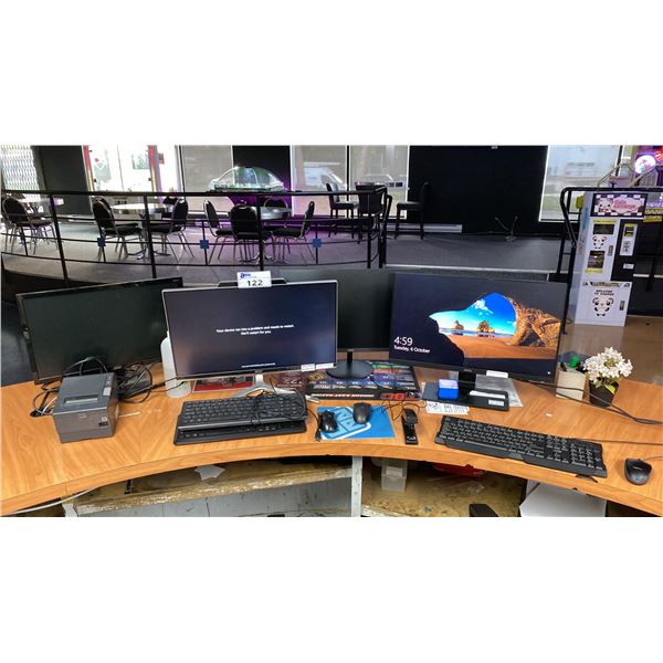 4 ASSORTED COMPUTER MONITORS, KEYBOARDS, 2 OFFICE CHAIRS, THERMAL PRINTER, MICE & STAPLER
