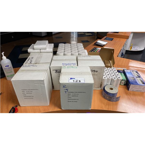GROUP OF ASSORTED THERMAL PAPER ROLLS, BATTERIES & LIGHTS