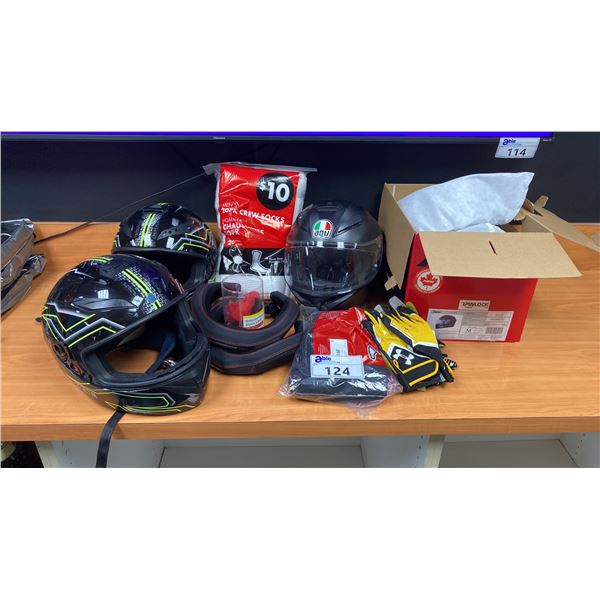 3 RACING HELMETS, BOX OF FACE SHIELDS, RACING GLOVES, DARTS & SOCKS