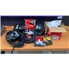 Image 1 : 3 RACING HELMETS, BOX OF FACE SHIELDS, RACING GLOVES, DARTS & SOCKS