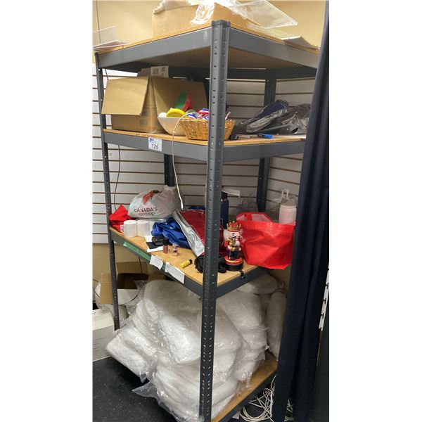 GREY METAL/WOOD SHELVING UNIT WITH ASSORTED CONTENTS