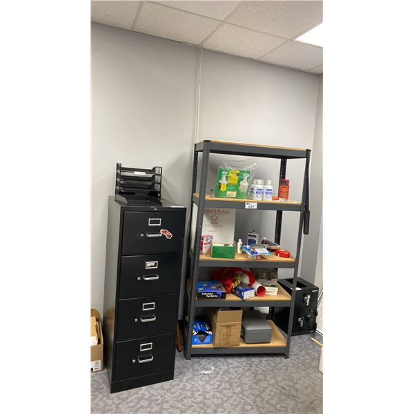 GREY METAL/WOOD SHELVING UNIT WITH ASSORTED CONTENTS, BLACK FILING CABINET & BUMIL SAFE *NO COMBO*