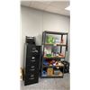 Image 1 : GREY METAL/WOOD SHELVING UNIT WITH ASSORTED CONTENTS, BLACK FILING CABINET & BUMIL SAFE *NO COMBO*