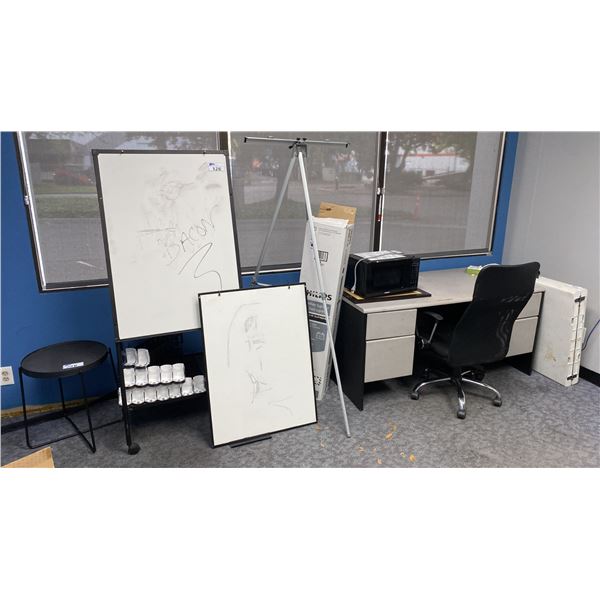 OFFICE DESK, CHAIR, PRESENTATION STANDS, TUBE LIGHT BULBS, SMALL TABLE & BEVERAGE DISPENSER INSERTS