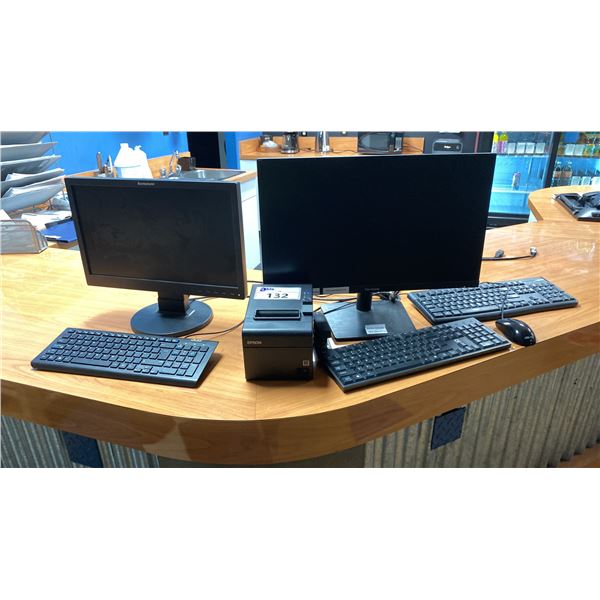 2 MONITORS, 3 KEYBOARDS, MOUSE, THERMAL PRINTER & STAPLER