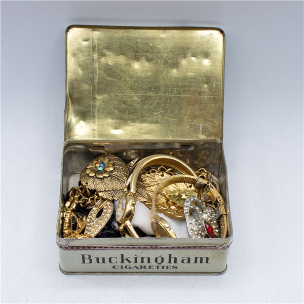 ANTIQUE TIN W WATCHES JEWELLERY ETC