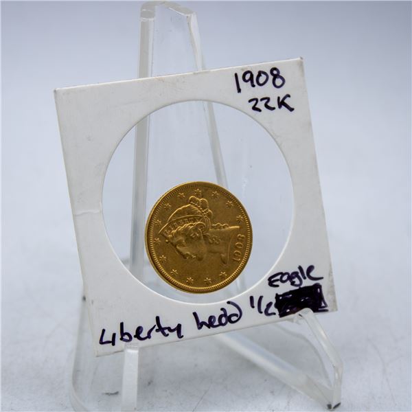 1908 22K GOLD US LIBERTY 1/2 EAGLE COIN