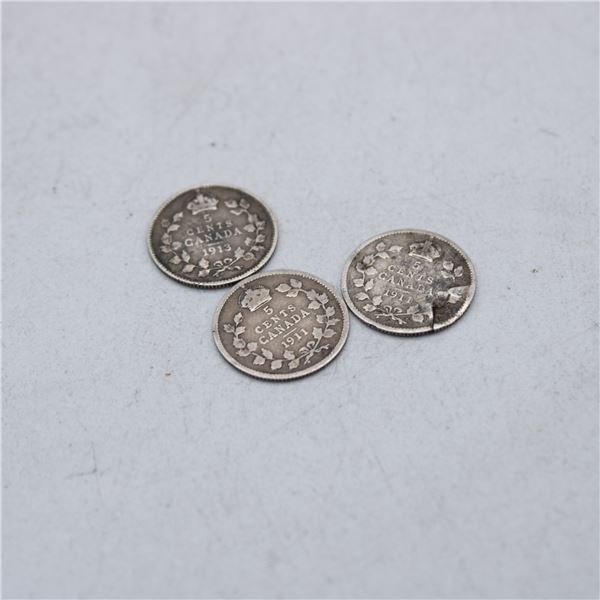 1911/13 LOT OF 3 SILVER CANADIAN 5 CENT COINS