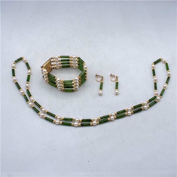 VTG BESPOKE BIRKS 14K GOLD JADE & PEARL 3 PC SET