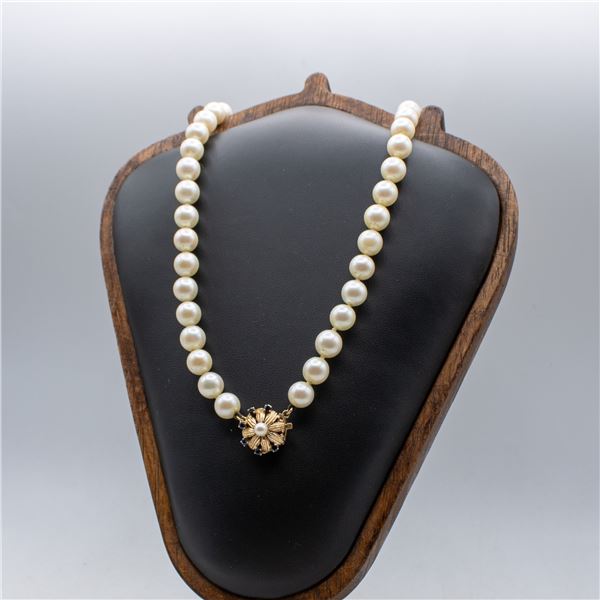14K GOLD 1 STRAND AKOYA PEARL & SAPHIRE FLOWER