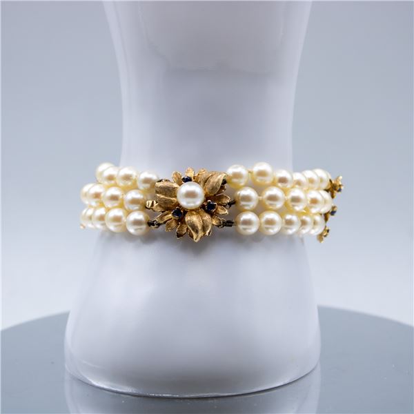 14K GOLD 3 ROW AKOYA PEARL & SAPPHIRE BRACELET