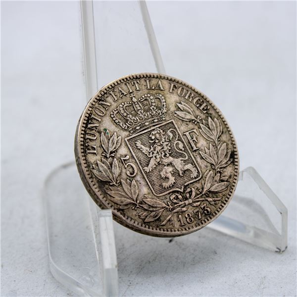 1873 90 PERCENT SILVER BELGIAN 5 FRANCS