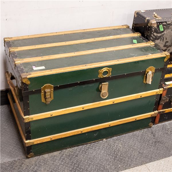 VINTAGE STEAMER TRUNK GREEN SLAT W/ BRASS