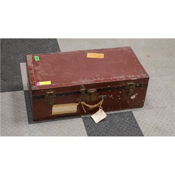 VINTAGE RED STEAMER TRUNK RED W/ BLACK STRAPS AND