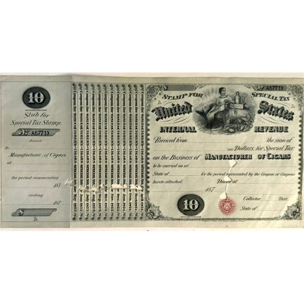 1870s U.S. Internal Revenue $10 Special Tax Stamp – Manufacturer of Cigars