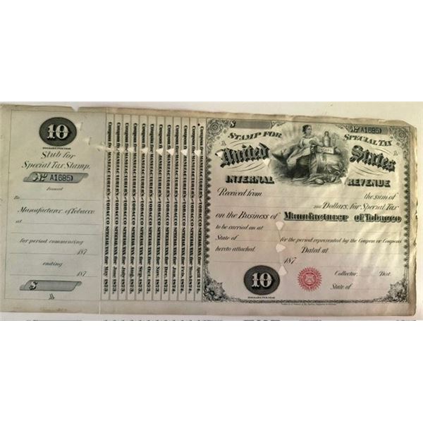 1870s U.S. Internal Revenue $10 Special Tax Stamp – Manufacturer of Cigars