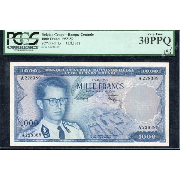 Belgian Congo One Thousand Francs, 1958