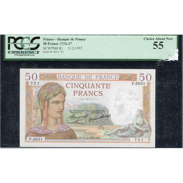 France Fifty Francs 1937, Mercury & Ceres