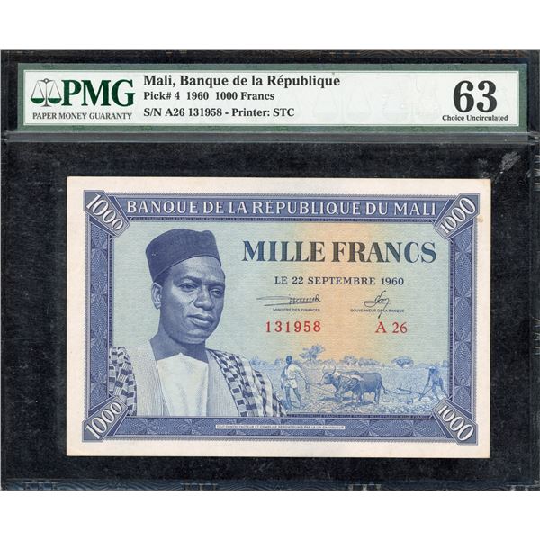 Mali One Thousand Francs 1960, PMG UNC-63