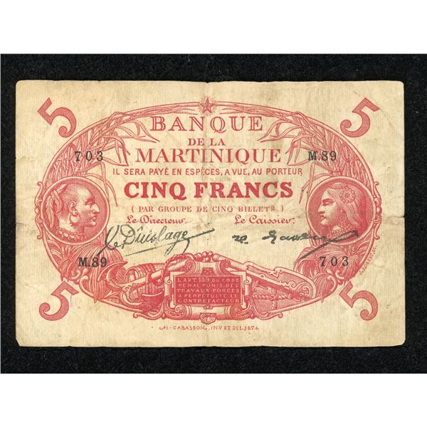 Martinique 5 Francs note, (1903-1934), Red, P#6A.
