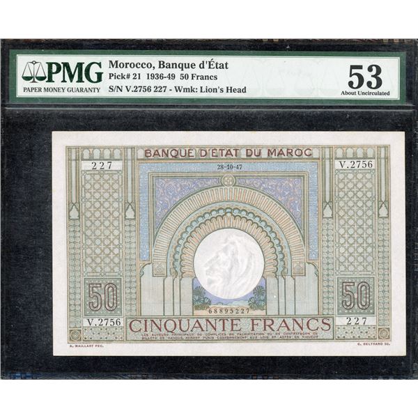 Morocco Fifty Francs 1947 PMG AU-53