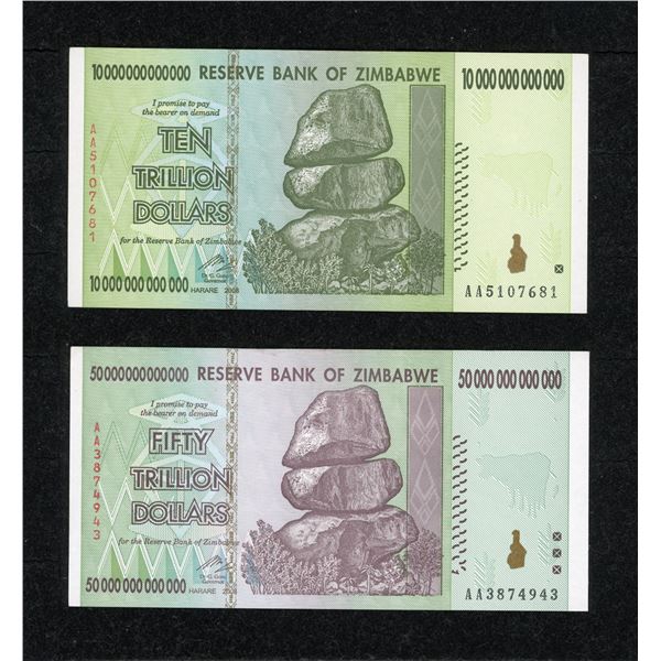 Zimbabwe 10 and 50 Trillion Dollar Note Pair