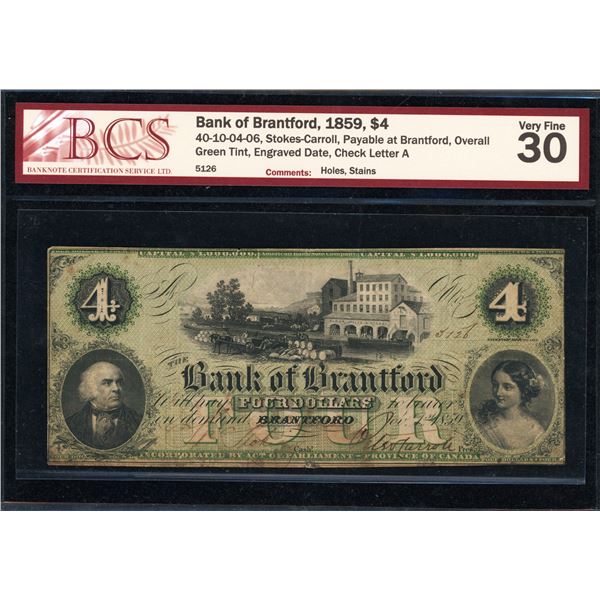 Bank of Brantford Four Dollars 1859