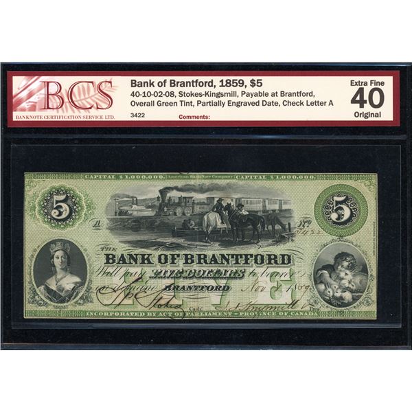 Bank of Brantford Five Dollars 1859