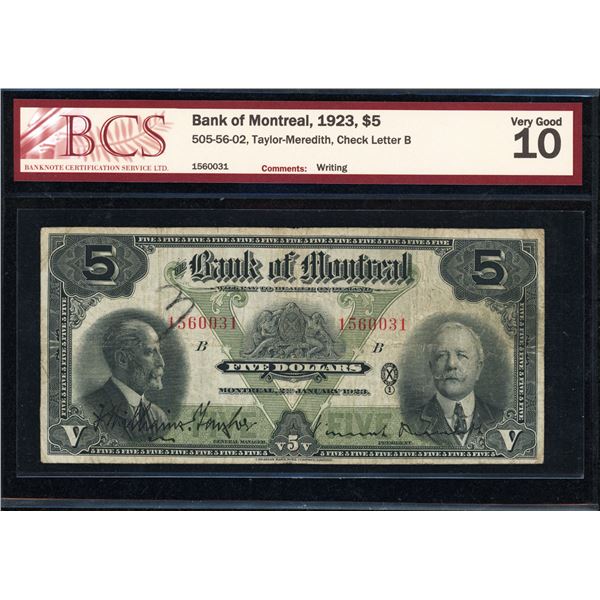 Bank of Montreal Five Dollars 1923