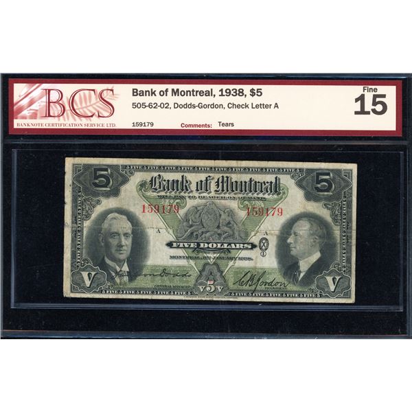 Bank of Montreal Five Dollars 1938