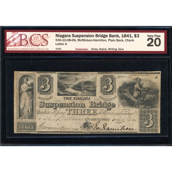 Niagara Suspension Bridge Bank Three Dollars 1841