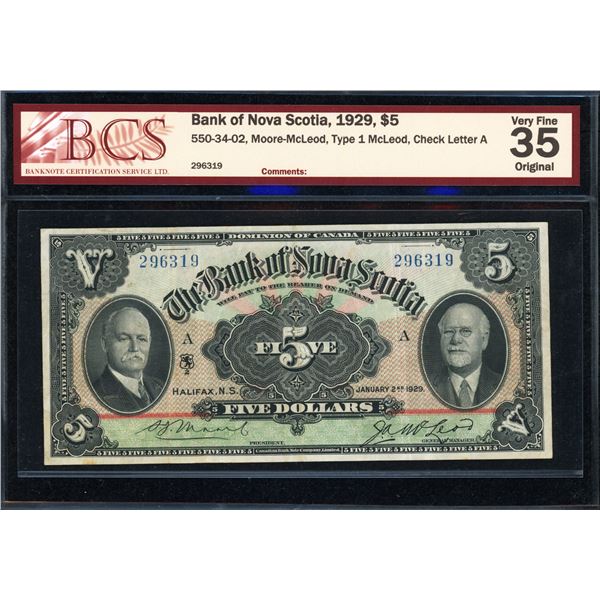 Bank of Nova Scotia Five Dollars 1929