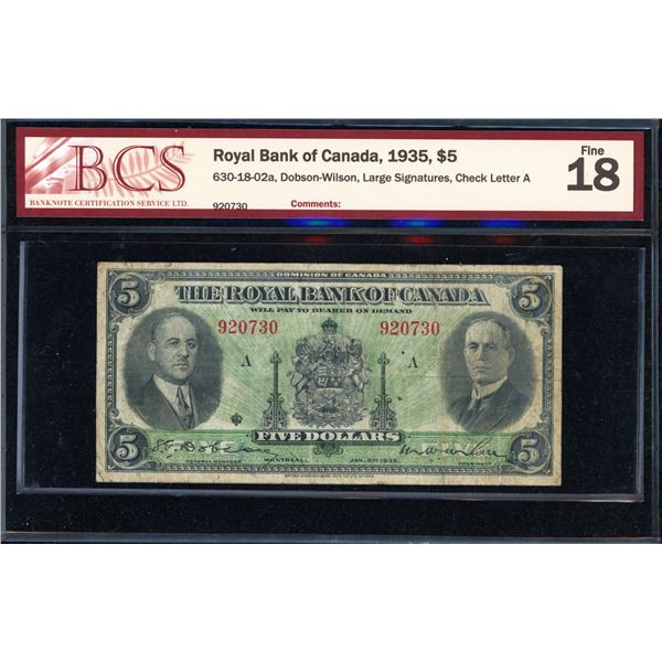 Royal Bank Five Dollars 1935
