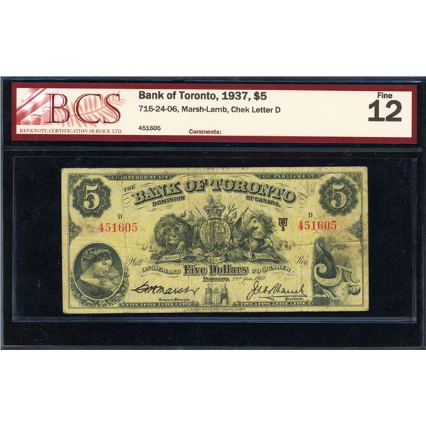 Bank of Toronto Five Dollars 1937