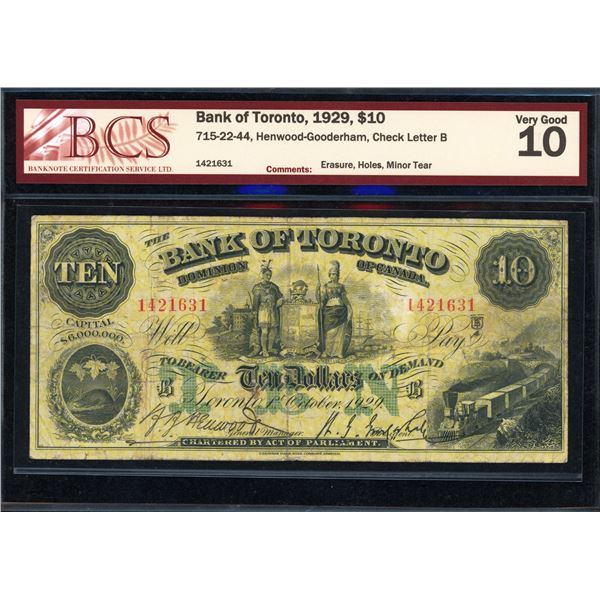 Bank of Toronto Ten Dollars 1929