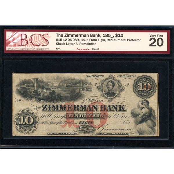 Zimmerman Bank Ten Dollars 1850's, Elgin