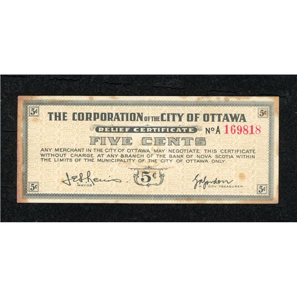 City of Ottawa Five Cents Relief Certificate
