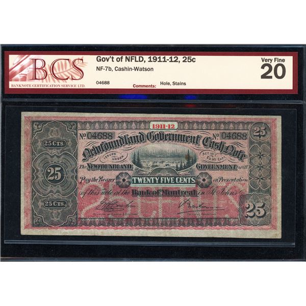 Newfoundland Twenty-five Cents Cash Note, 1911-12