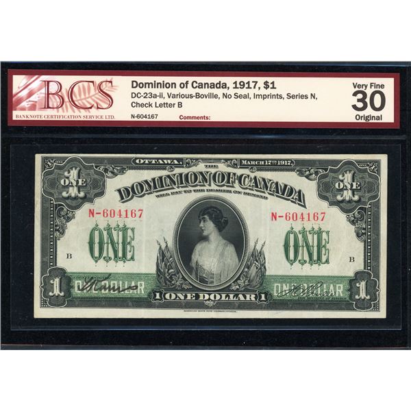 Dominion of Canada One Dollar 1917, No Seal