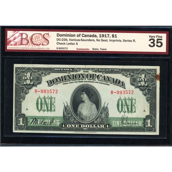 Dominion of Canada One Dollar 1917, No Seal