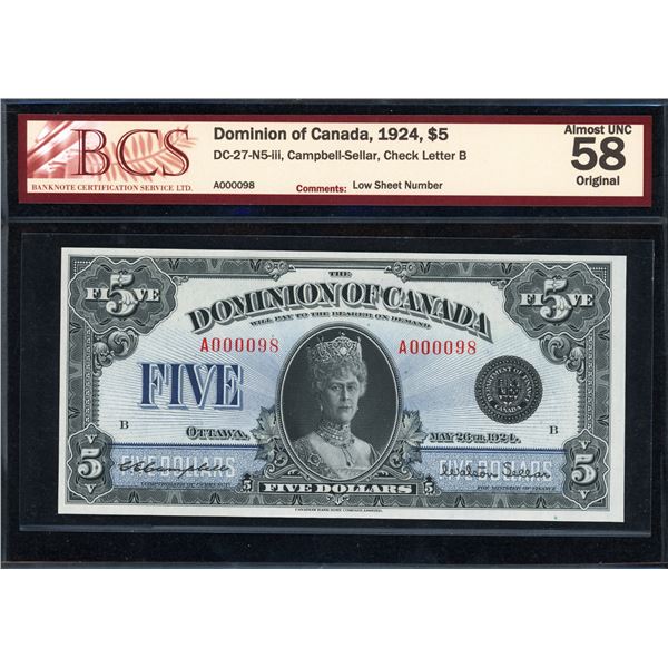 A Choice Dominion of Canada Five Dollars of 1924